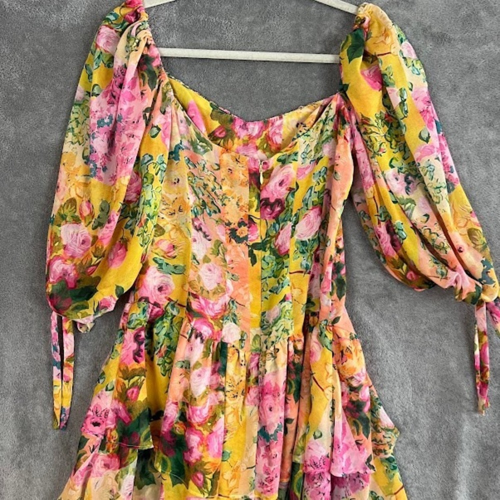 For Love and Lemons Nina Mini Dress Womens S Floral Puff Sleeve Ruffle Coquette - Picture 7 of 12